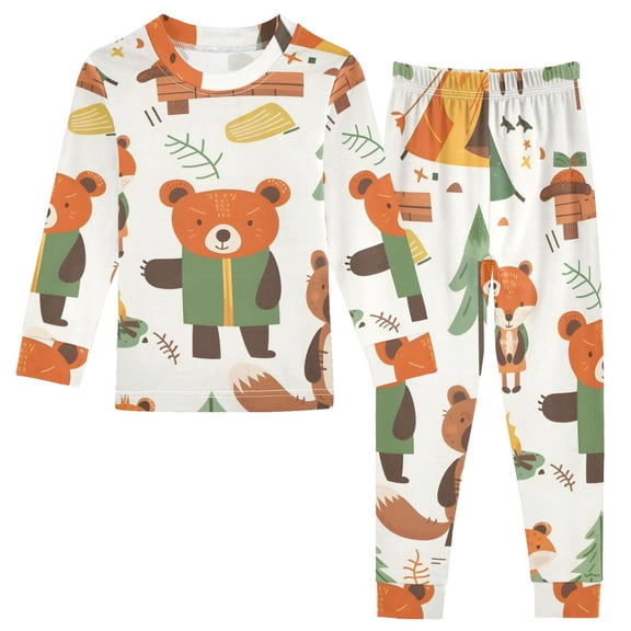 Bears Camping in Trees Tents Cotton Pajama Set Long Sleeve Top and Pants Sleepwear Unisex 8Y