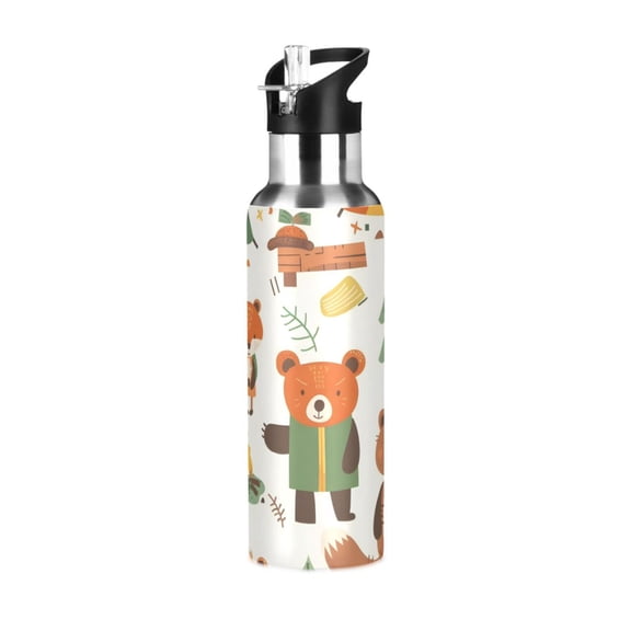 Bears Camping in Trees Tents Sports Bottle with Straw Stainless Steel Water Jug Portable Thermal Cup Leak-proof 600ML