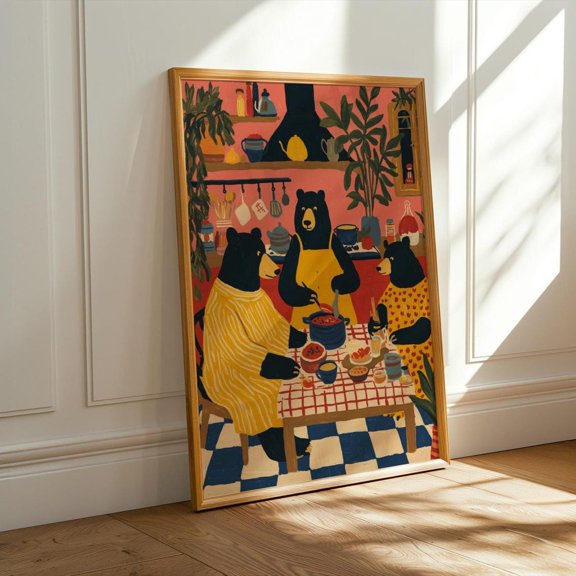 Bears Cooking Together Art Whimsical Kitchen Illustration Cozy Animal Wall Art, Unframed Paper Print