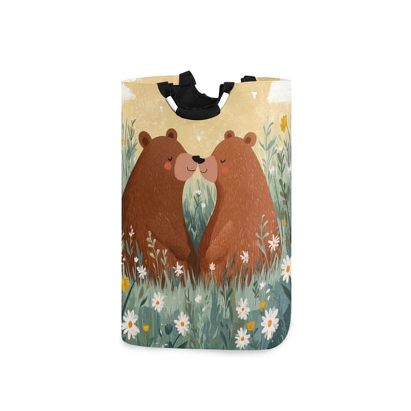 Bears Couple Flowers Spring Valentine Laundry Basket with Handles Foldable Laundry Hamper Freestanding Washing Bin 50L