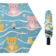 Bears Duckies Dots in Water Cartoon All Weather Umbrella Triple Folding Parasol 6 Ribs UV Protection Portable