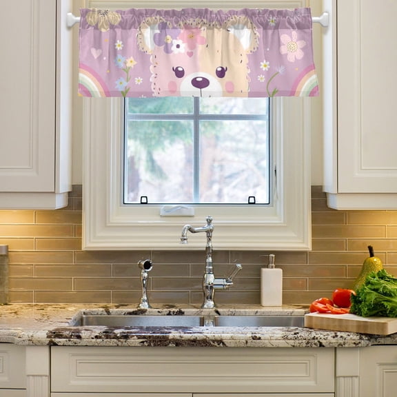 Bears Face Flowers and Rainbows Curtain Valances Farmhouse Design Window Treatment Decor Blackout Rod Pocket for Windows Living Room Kitchen 54" x 18"