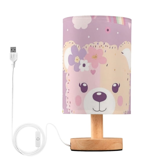 Bears Face Flowers and Rainbows Table Lamp USB Bedside Desk Nightstand Lamp Printed Gifts Small Lamp Wood Base for Bedroom Living Room Kids Room College Dorm