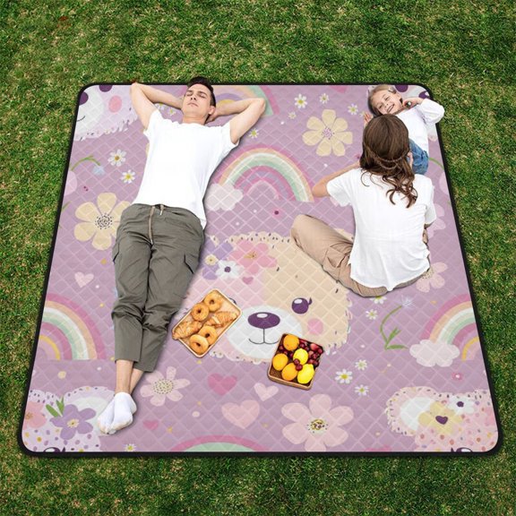 Bears Face Flowers and Rainbows Beach Blanket Outdoor Picnic Blanket 78"x 78" Waterproof Foldable for Beach Camping Travel Hiking Grass Lawn Park