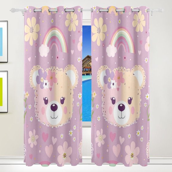 Bears Face Flowers and Rainbows Black Out Curtains 84 Inch Length for Bedroom Living Room Windows 2 Panels Set