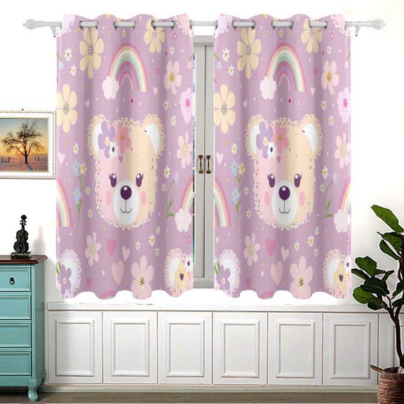 Bears Face Flowers and Rainbows Black Out Curtains Aesthetic for Bedroom Living Room Sliding Glass Doors Kitchen Windows 2 panels set