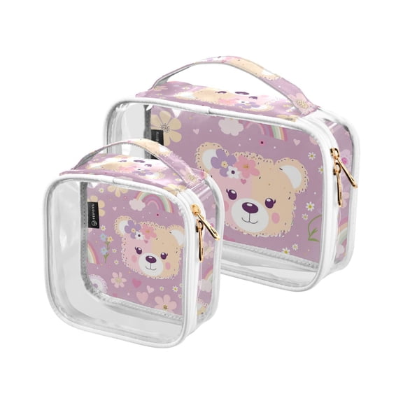 Bears Face Flowers and Rainbows Clear Cosmetic Bags with Handles PVC Toiletry Bags Zipper Waterproof Portable for Traveling 2 Pcs