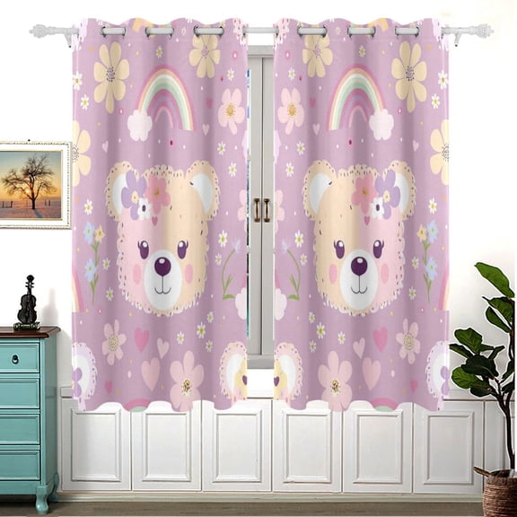 Bears Face Flowers and Rainbows Curtains Black Out Curtains for Sliding Glass Doors Bedroom Living Room Bathroom 2 Panels Set