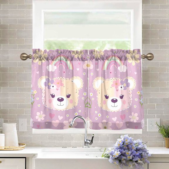 Bears Face Flowers and Rainbows Kitchen Curtains Half Tier Curtain 2 Rod Pockets Bathroom Bedroom Cupborad Living Room 27"x36"