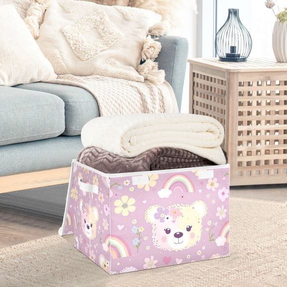 Bears Face Flowers and Rainbows Storage Basket Foldable Laundry Basket Shelf Kids Toy Storage Container Organizer with Handles