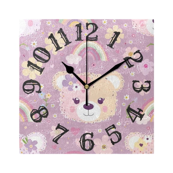 Bears Face Flowers and Rainbows Wall Clock Square Silent Non Ticking Battery Operated Clock for Home Bathroom Kitchen Bedroom Living Room