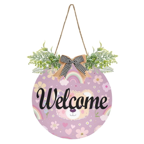 Bears Face Flowers and Rainbows Welcome Sign for Front Door Wreath Door Sign for Farmhouse Porch Decoration Indoor Outdoor