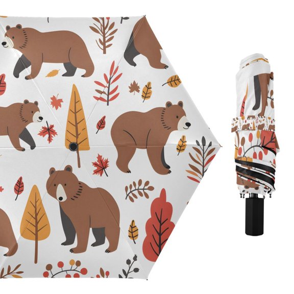 Bears Fall Leaf Tree Compact Sun Umbrella Windproof Travel Umbrellas for Rain Strong Portable UV Protection
