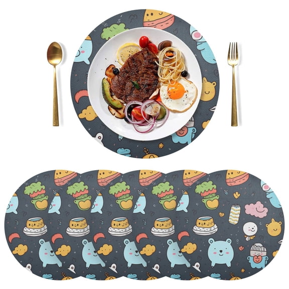Bears Foods Black Round Placemats Plate Mats 15 Inch Non-Slip Heat Resistant Washable PVC Set Indoor for Kitchen Dining Table 1PC