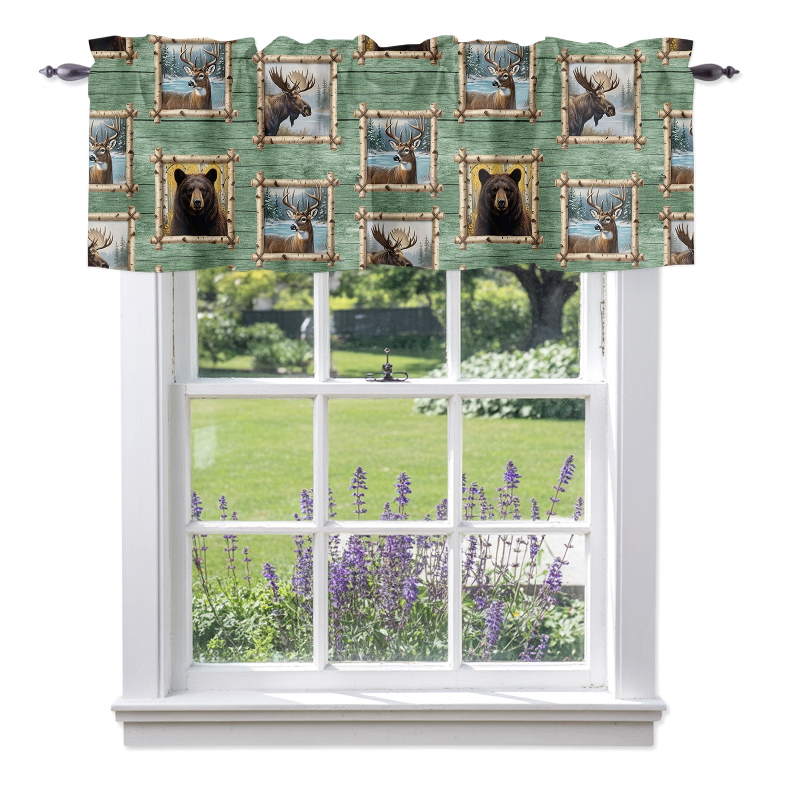 Bears in Frames Valances for Windows, Rustic Cabin Bear Elk Green Wood ...