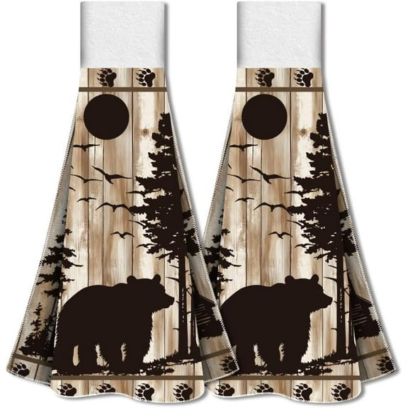 Bears Kitchen Hanging Towel Set of 2 Forest Bears Wild Animal Hand Towel with Loop Hook Absorbent Hanging Tie Towels Dish Tea Towel Washcloth 12.4"x13.5" for Kitchen Laundry Bathroom