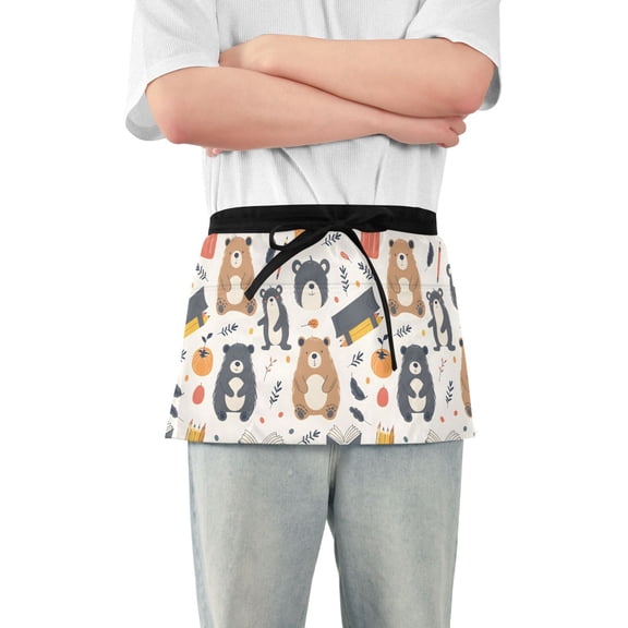 Bears Leaf Pen Book Server Apron with 3 Pockets Waterproof Waitress Waist Short Apron for Man Woman 12 Inches