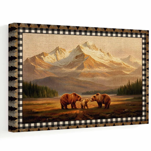 Bears Mountains Canvas Wall Art, Rustic Brown Wildlife Forest Pine Tree Border Wall Art Prints Artwork Framed Canvas Ready to Hang Art Pictures for Bathroom, Dressing Table, Entryway 12" x 8"