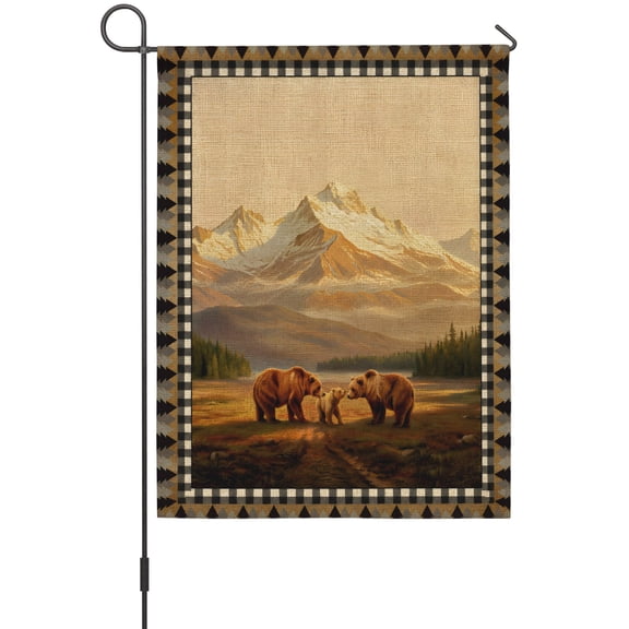 Bears Mountains House Flags For Outdoor, Rustic Brown Wildlife Forest Pine Tree Border Small Double Side Yard Flags Weather Proof House Decor for Lawn Outside Holiday 28 x 40 Inches
