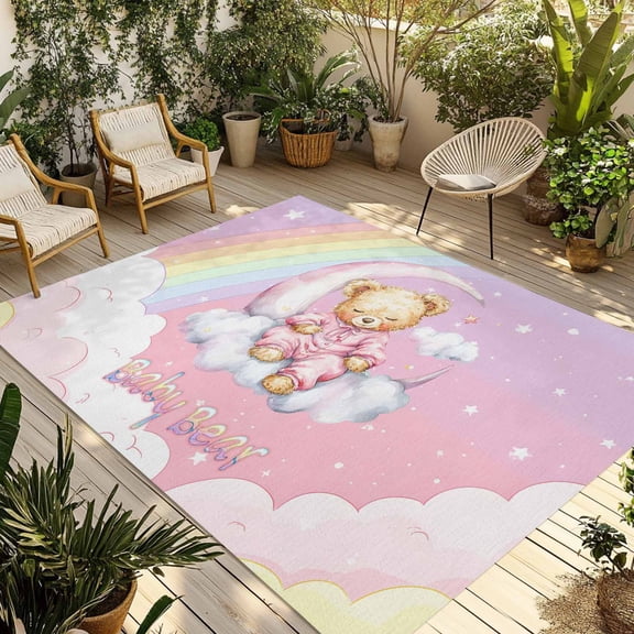 Bears Outdoor Rug 6x9 Ft - Reversible Patio Rug Outdoor Camping Rugs, Cute Rainbow Clouds Moon Pink Purple Washable Indoor Outdoor Area Rugs, Non-Slip Outdoor Carpet Runner for Deck/Porch