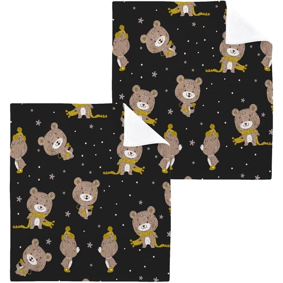 Bears Pattern Washcloth 12x12in Set, 2 Pack Absorbent Cotton Towel Square Kitchen Dishes Towels, Soft Cleaning Face Hand Towel Fast Drying Wash cloth