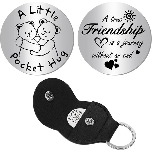 Bears Pocket Hug Token Long Distance Relationship Keepsake Stainless Steel Double Sided Message Engraved Pocket Token Coin Flat Round with Leather Keychains