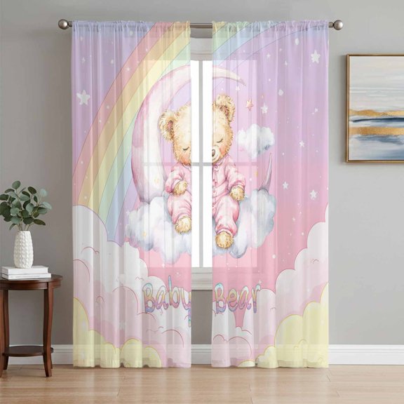 Bears Sheer Curtains 84 Inch Length 2 Panels Set Window Treatments, Cute Rainbow Clouds Moon Pink Purple Rod Pocket Semi Curtains for Living Room/Bedroom/Kitchen Décor, 104"W x 84"L