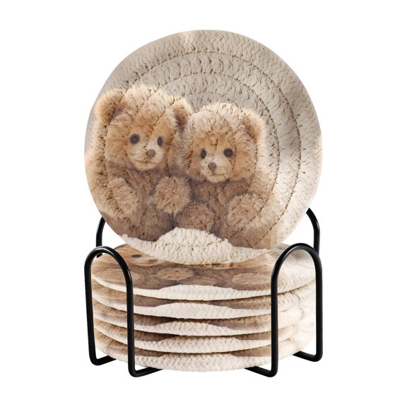 Bears Snow 6 Pcs Drink Coasters with Holder Absorbent Coasters Woven Coasters for Drinks Table Desk Protection Home Decor