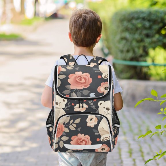 Bears and Beautiful Roses Backpack Big Laptop Backpack Casual Daypack Quilted Large Capacity Large Bookbags