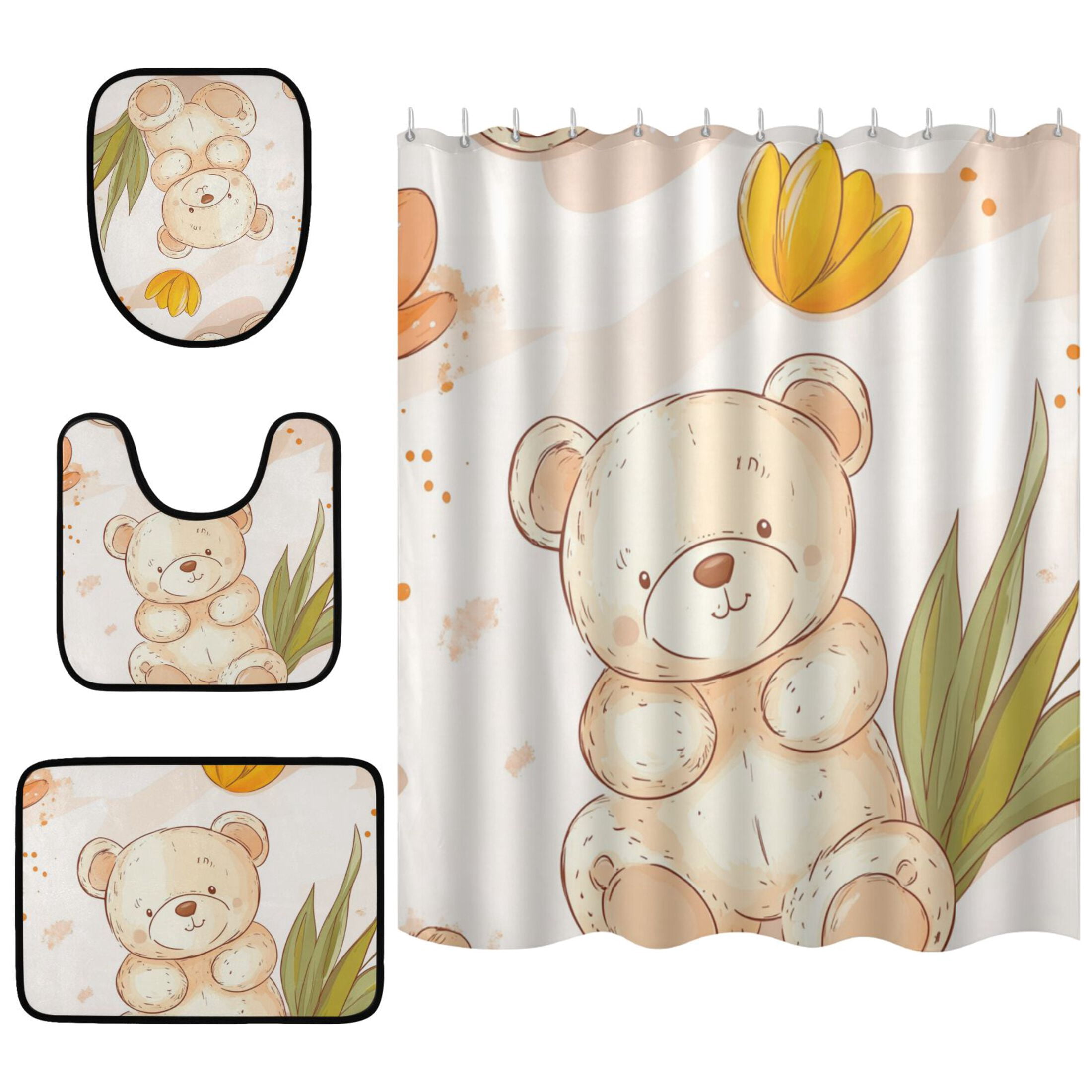 Bears and Flowers 4 Pcs Bathroom Shower Curtain Set with Rugs Bath Mat ...