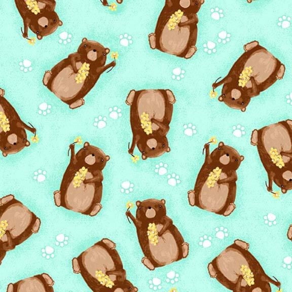 Bears and Flowers Turquoise Flannel Fabric