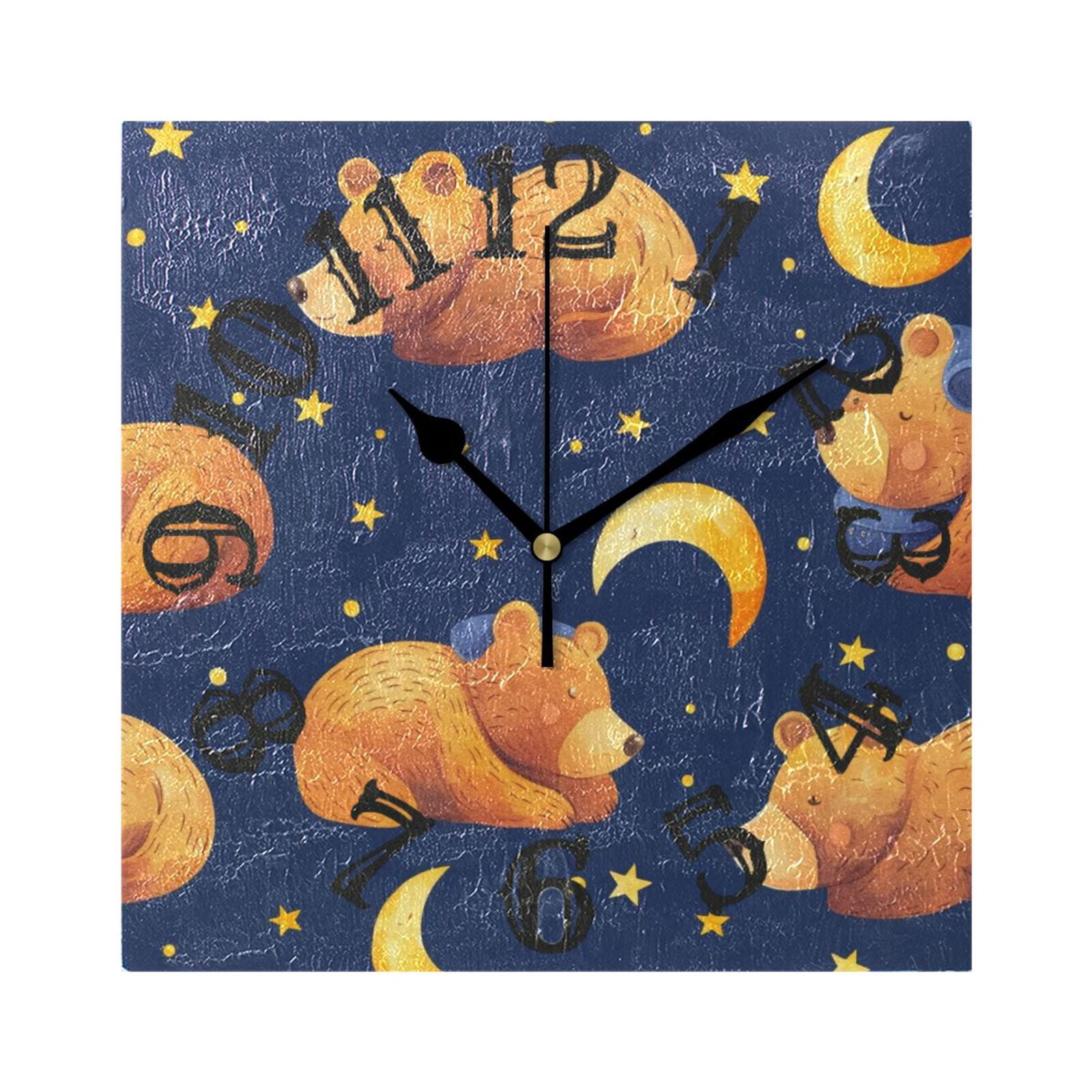 Bears and Moon Stars Wall Clock Square Silent Non Ticking Battery ...