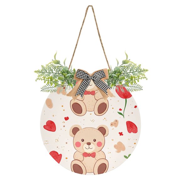 Bears and Pink Flowers Front Door Porch Decoration Hanging Sign with Artificial Green Plants and Bow for Home Outdoor Indoor