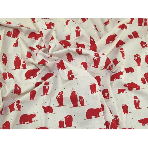 Bears with Hats & Scarves Print Cotton Calico Dress Fabric Red - per yard