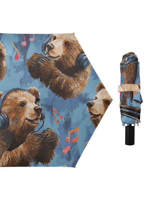 Bears with Headsets Music Notes All Weather Umbrella Triple Folding Parasol 6 Ribs UV Protection Portable