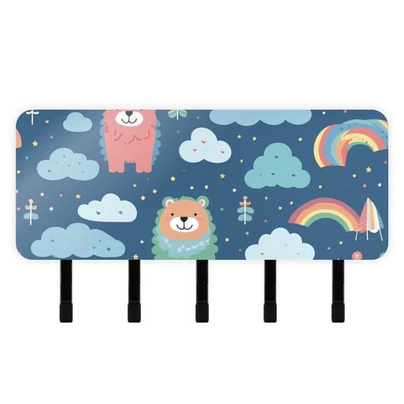 Bears with Rainbow Clouds Mail Holder Organizer Wall Mount with Shelf Key Holder Key Rack with 5 Key Hooks for Wall Decorative