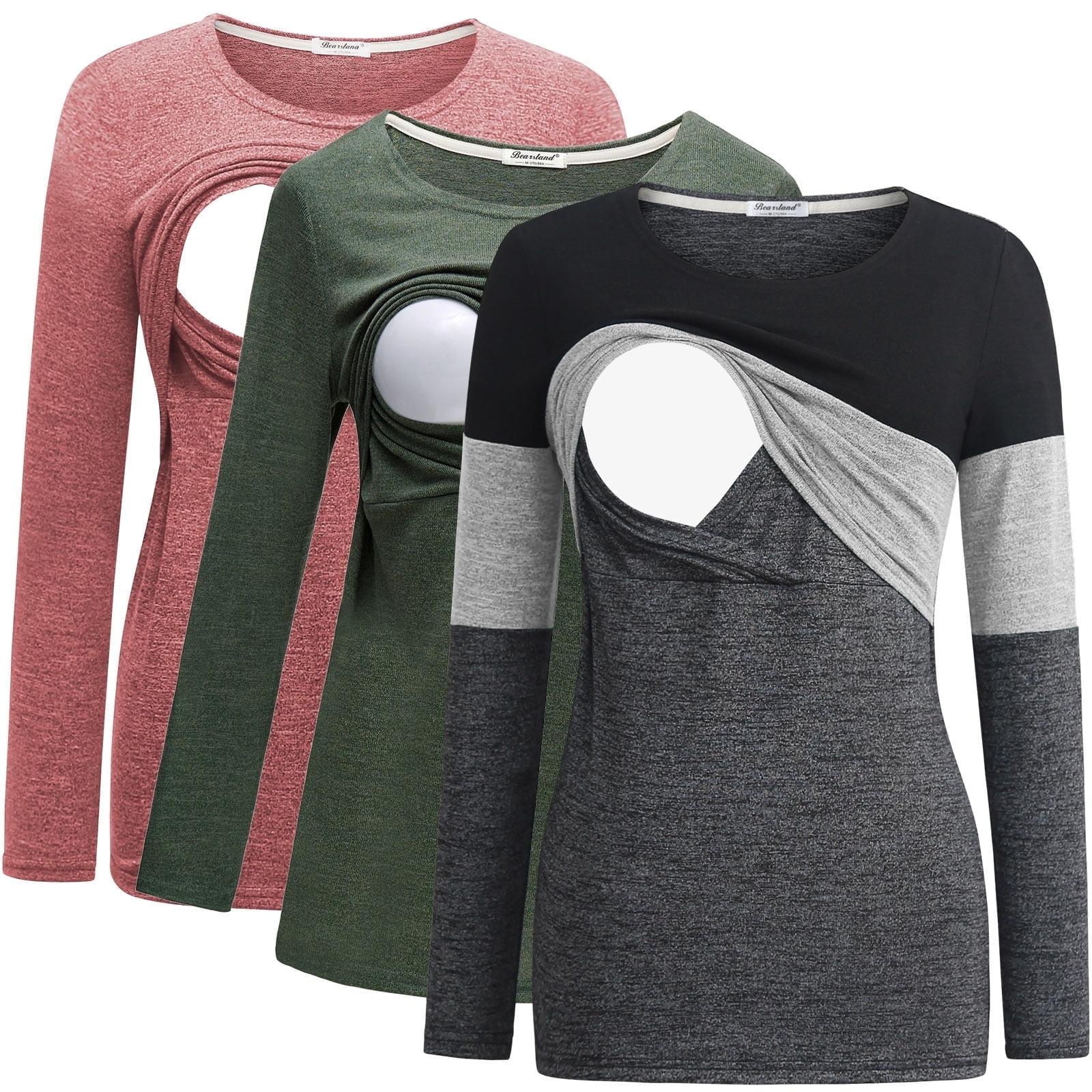 Bearsland Female Long Sleeve Maternity Nursing Top Breastfeeding Shirts 3-Pack