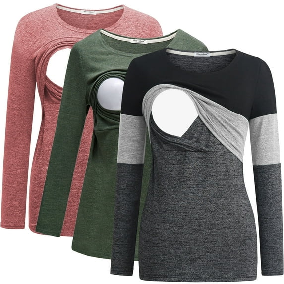 Bearsland Female Long Sleeve Maternity Nursing Top Breastfeeding Shirts 3-Pack