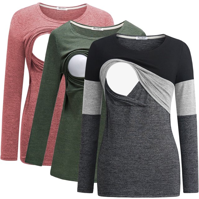 Bearsland Female Long Sleeve Maternity Nursing Top Breastfeeding Shirts 3-Pack