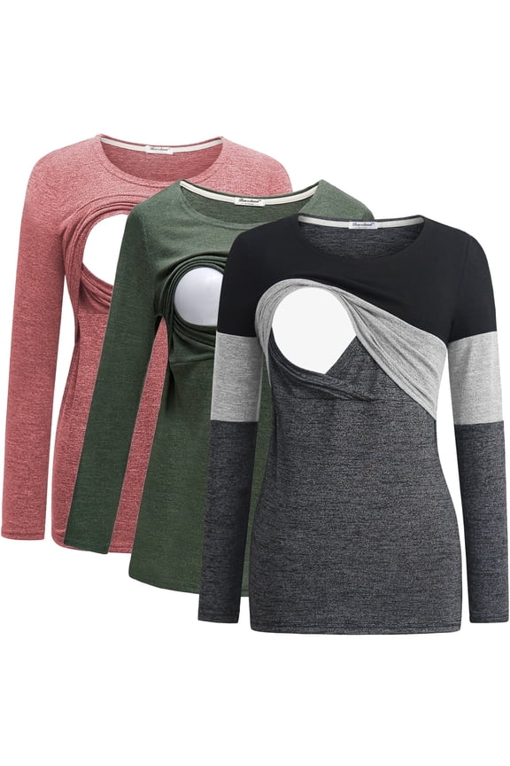 Female Long Sleeve Maternity Nursing Top Breastfeeding Shirts 3-Pack