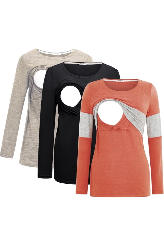 Female Long Sleeve Maternity Nursing Top Breastfeeding Shirts 3-Pack