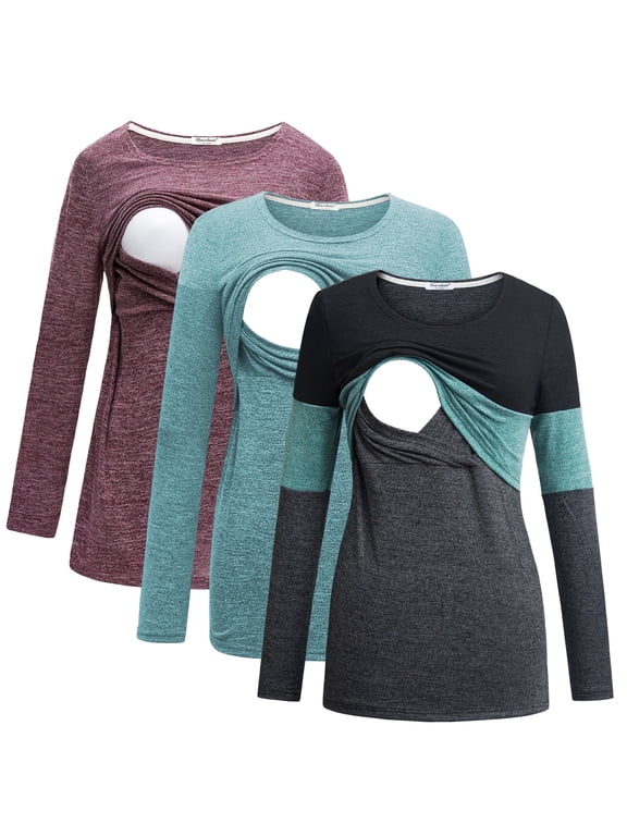 Female Long Sleeve Maternity Nursing Top Breastfeeding Shirts 3-Pack