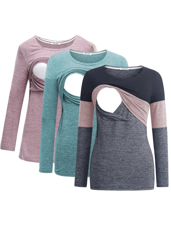 Female Long Sleeve Maternity Nursing Top Breastfeeding Shirts 3-Pack