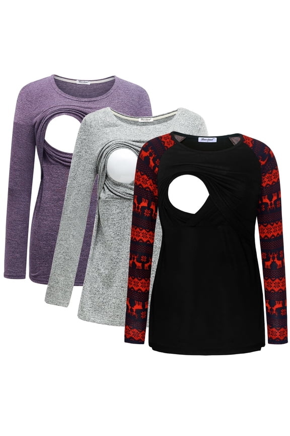 Female Long Sleeve Maternity Nursing Top Breastfeeding Shirts 3-Pack