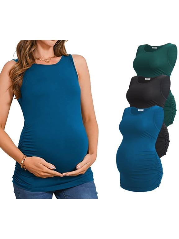 Female Maternity Tank Tops Ruched Side Vest Sleeveless Pregnancy Shirt 3-Pack