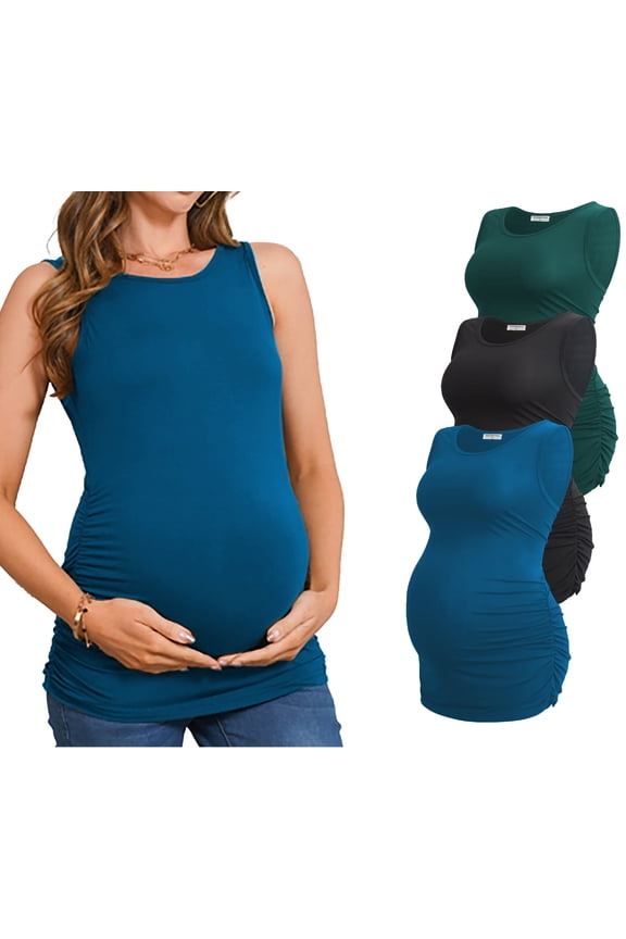 Female Maternity Tank Tops Ruched Side Vest Sleeveless Pregnancy Shirt 3-Pack