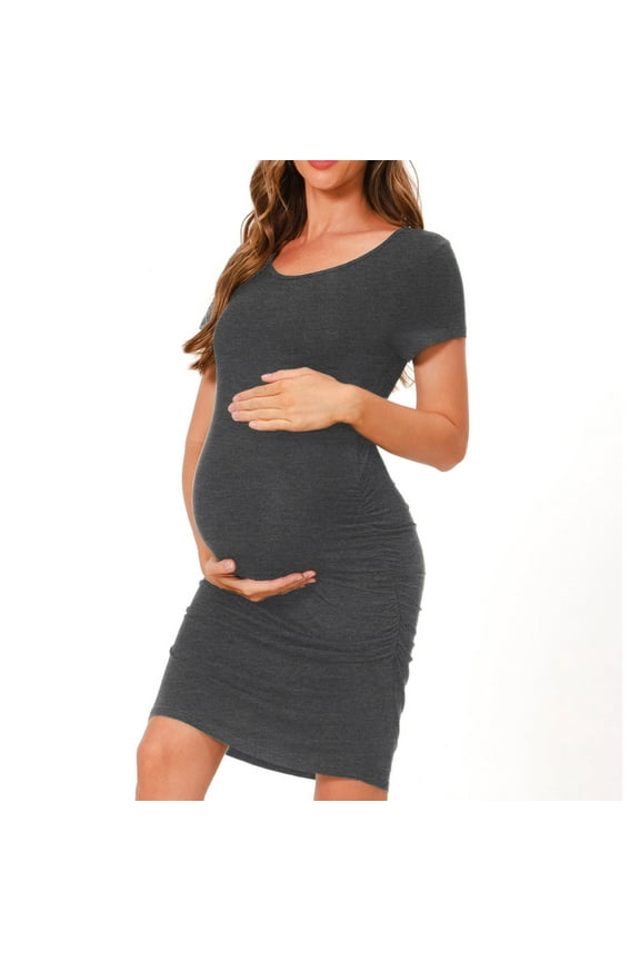 Women Summer Short Sleeve Maternity Dress Side Ruched Mama Pregnancy Bodycon Dress,gray