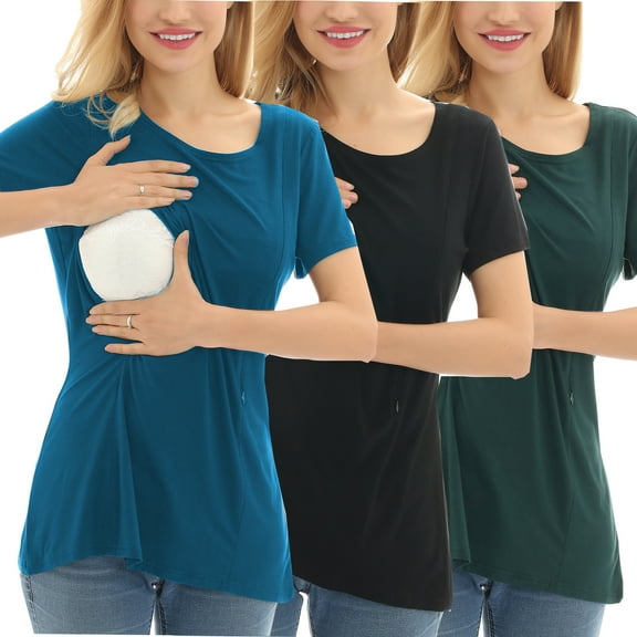 Bearsland Women's Plus Size Short Sleeve Maternity Nursing Shirt Breastfeeding Top Blouse 3-Pack