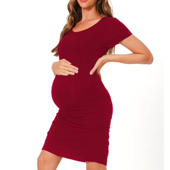 Bearsland Women's Summer Short Sleeve Maternity Dress Side Ruched Mama Pregnancy Bodycon Dress(S-XXXL)