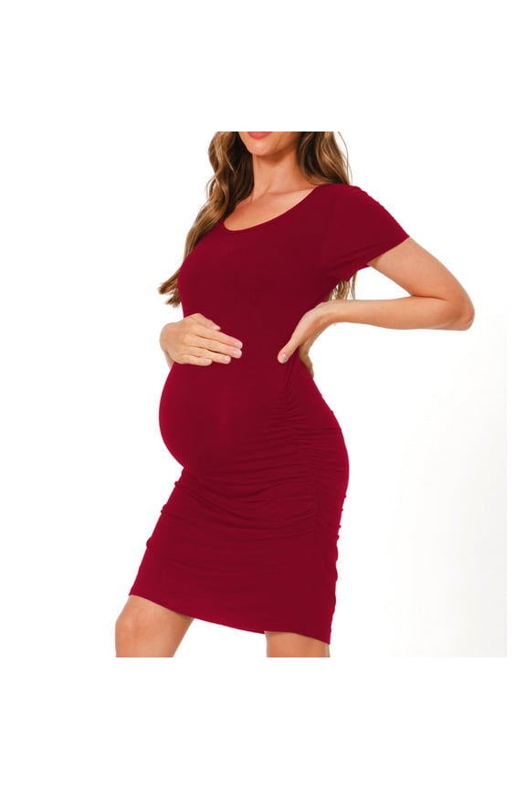 Women's Summer Short Sleeve Maternity Dress Side Ruched Mama Pregnancy Bodycon Dress(S-XXXL)